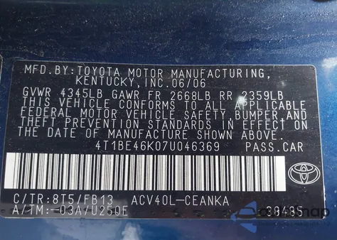 2007 Toyota Camry Le z USA, uszkodzony, nr VIN 4T1BE46K07U046369